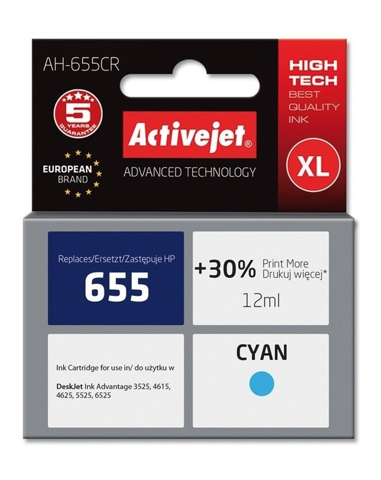 Activejet, tusz do drukarki, zamiennik HP 655 CZ110AE, Premium, 12 ml, niebieski, AH-655CR
