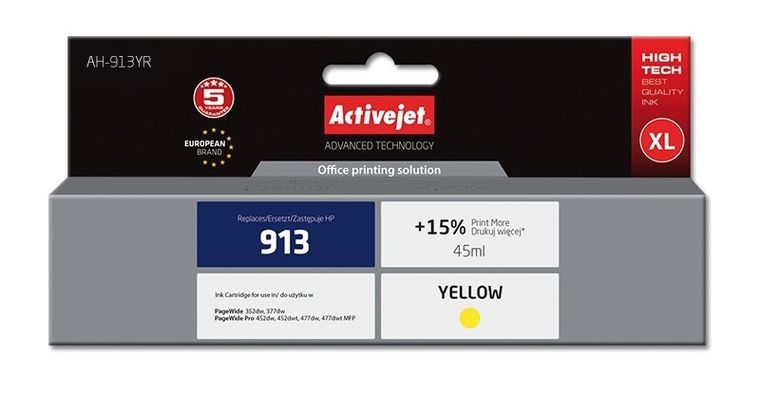 Activejet, tusz do drukarki, zamiennik HP 913 F6T79AE, Premium, 45 ml, żółty, AH-913YR