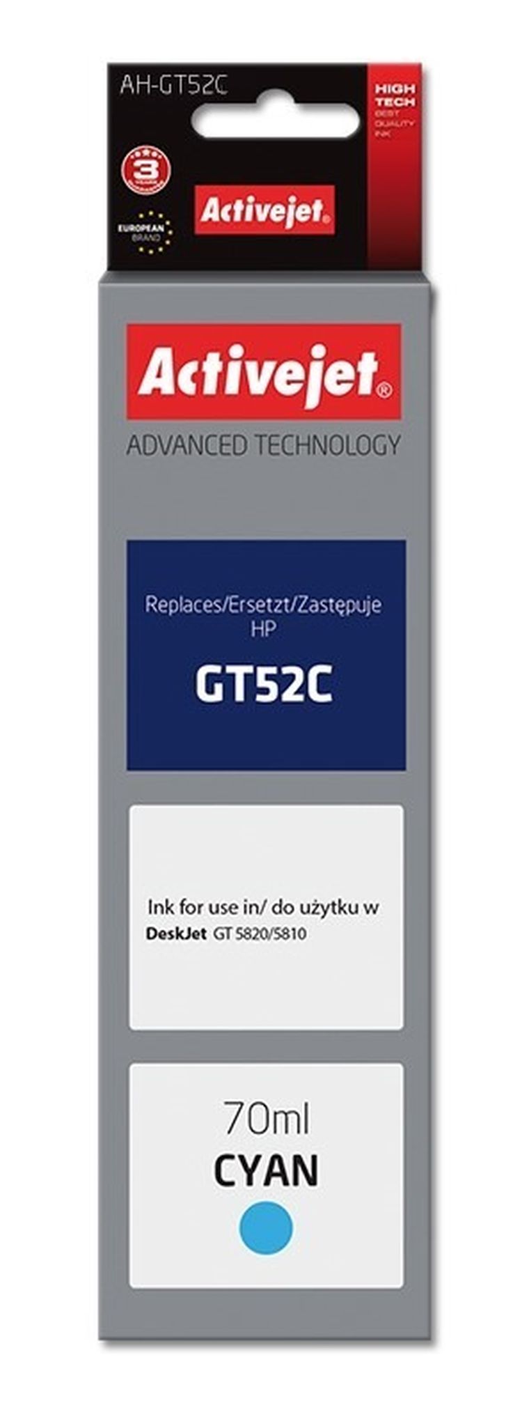 Activejet, tusz do drukarki, zamiennik HP GT52C M0H54AE, Supreme, 70 ml, niebieski, AH-GT52C