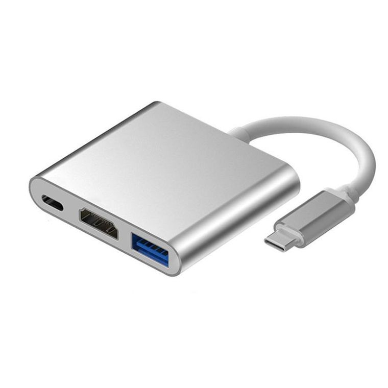 Adapter aluminiowy HUB 3w1, USB-C na HDMI 4K, USB 3.1, USB-C, srebrny