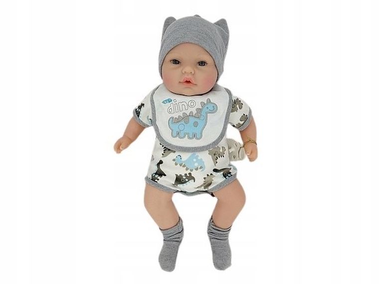 Adar, interaktywna lalka bobas z dźwiękiem, śpiewa i mówi po polsku, biało-szare ubranko w dino, 40 cm