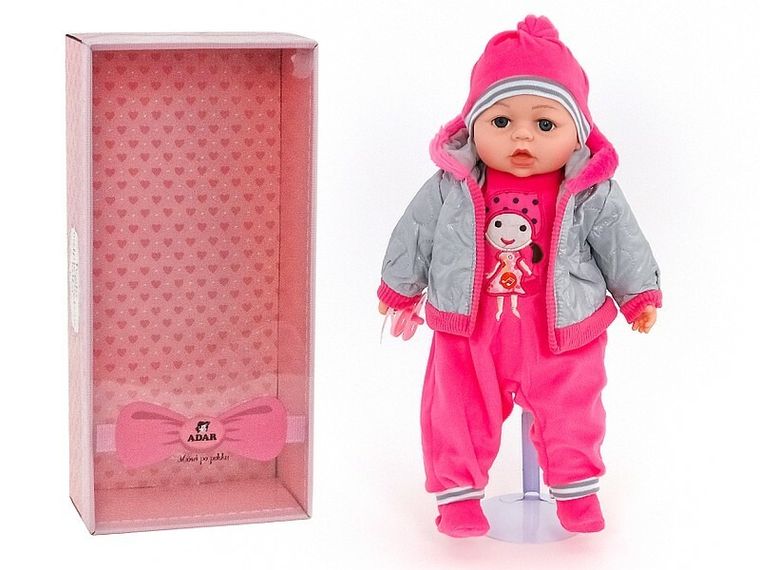Adar, interaktywna lalka bobas z dźwiękiem, szara kurteczka, 45 cm
