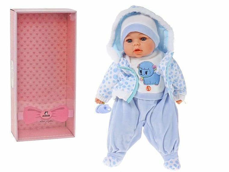 Adar, interaktywna lalka bobas ze smoczkiem, niebieskie ubranko, 45 cm