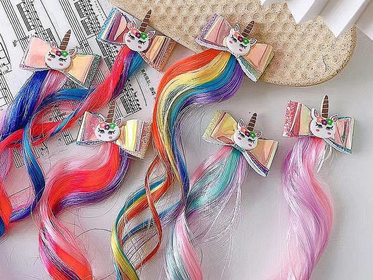 Adar, jednorożec, spinka do włosów, z kokardką i tęczowymi włosami