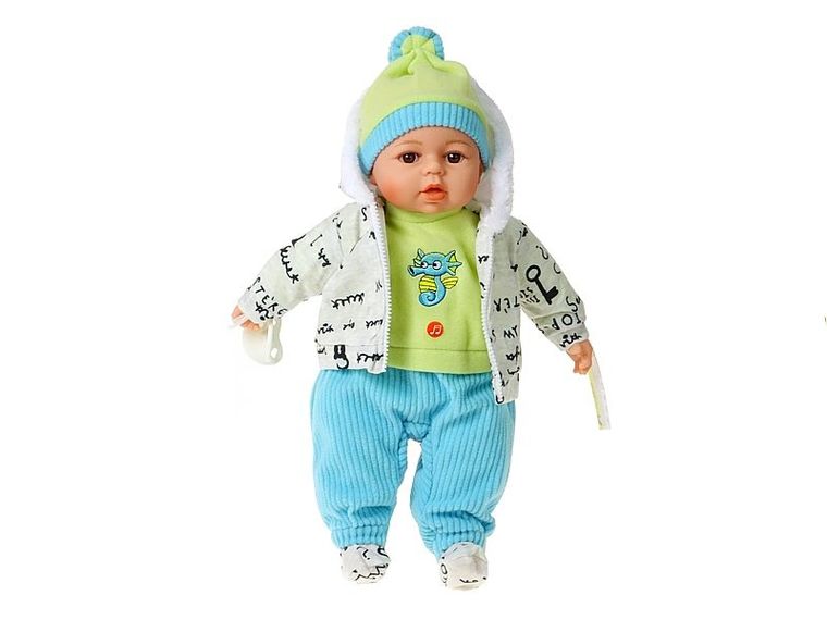 Adar, lalka bobas, niebiesko-szare ubranko, dźwięk, 45 cm