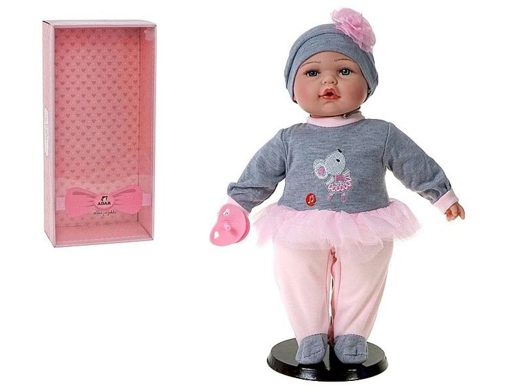Adar, lalka z dźwiękiem, ubranko szaro-różowe, 40 cm