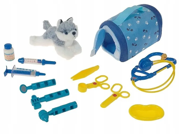 Adar, Pies w transporterze, maskotka z zestawem lekarskim