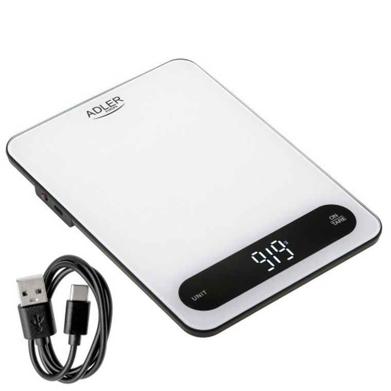 Adler, waga kuchenna, 10 kg, ładowalna przez USB-C, dokładność 1g