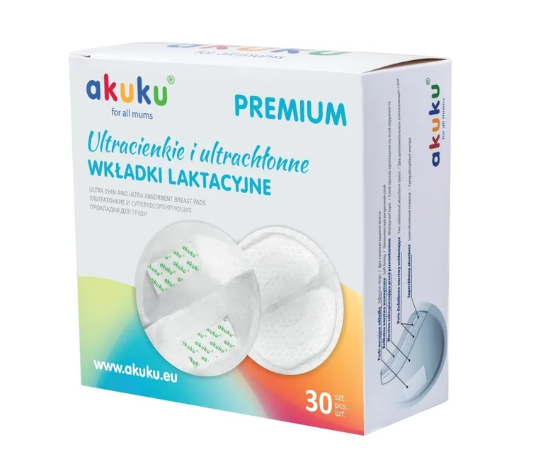 Akuku, wkładki laktacyjne, ultracienkie, superchłonne, żelowe, premium, 30 szt.