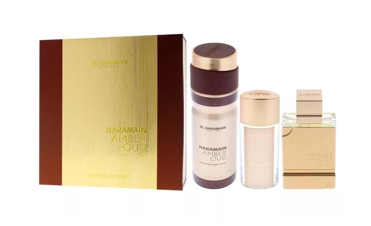 Al Haramain, Amber Oud Gold Edition, zestaw: woda perfumowana, spray, 75 ml + woda perfumowana, spray, 30 ml + dezodorant, spray, 200 ml