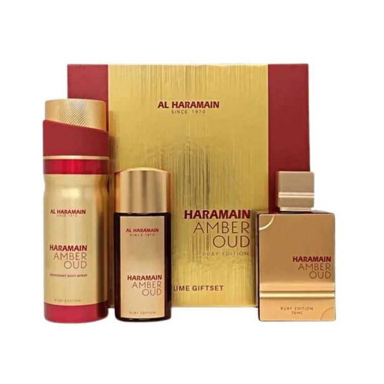 Al Haramain, Amber Oud Ruby Edition, zestaw: woda perfumowana, spray, 75 ml + woda perfumowana, spray, 30 ml + dezodorant, spray, 200 ml