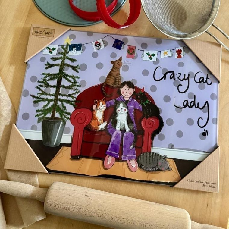 Alex Clark, deska ozdobna, szklana, crazy cat lady kociara święt