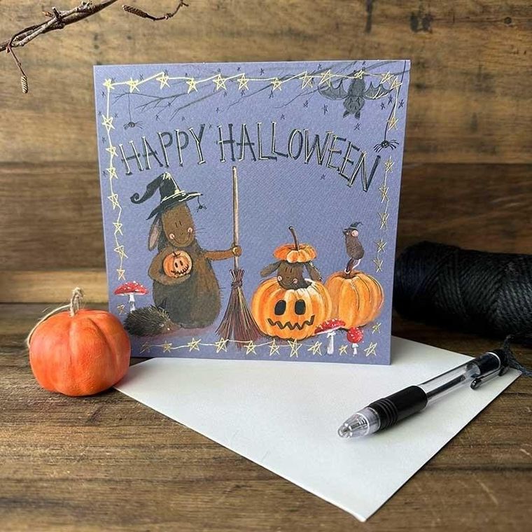 Alex Clark, karnet halloween, kwadrat króliki i dynie