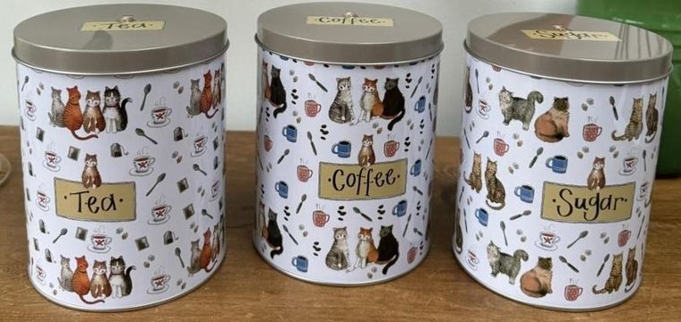 Alex Clark, zestaw puszek, herbata, kawa, cukier, 4 koty