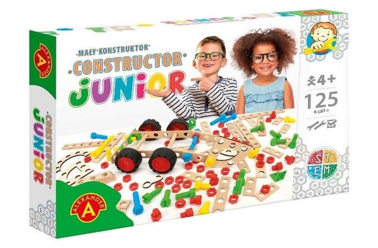 Alexander Gry, mały konstruktor, junior, klocki kontrukcyjne, drewniane, 125 elementów