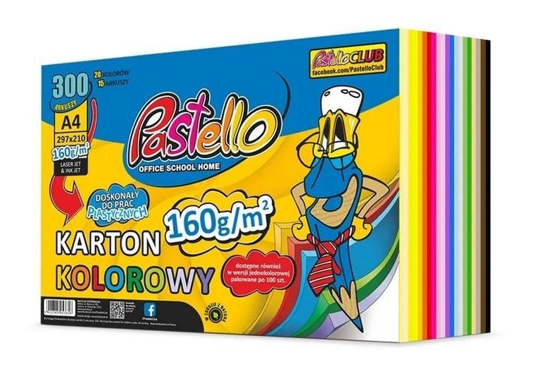 Alfa Pastello, karton kolorowy A4, 160g, 20 kolorów, 300 arkuszy