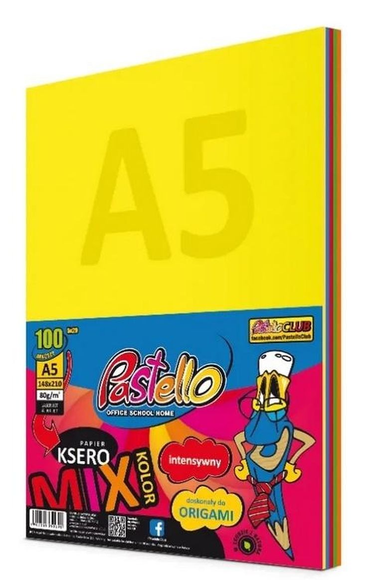 Alfa Pastello, papier ksero A5, 80g, 5 kolorów, 100 arkuszy