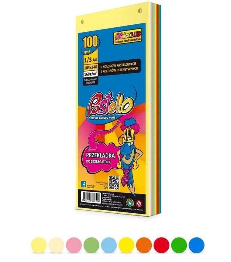 Alfa Pastello, przekładka do segregatora, 1/3 A4, 100 kartek, 10 kolorów