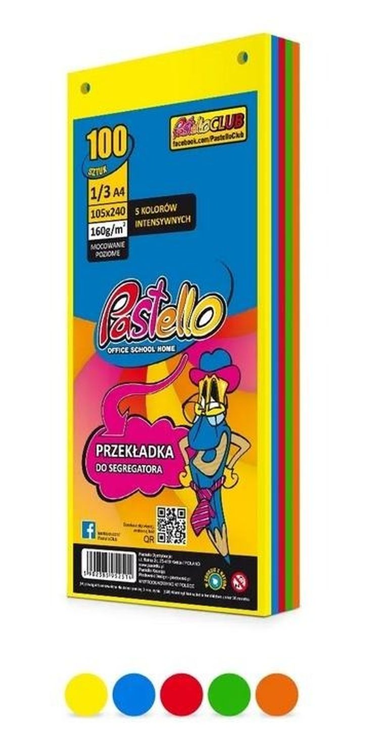 Alfa Pastello, przekładka do segregatora, 1/3 A4, 100 kartek, 5 kolorów