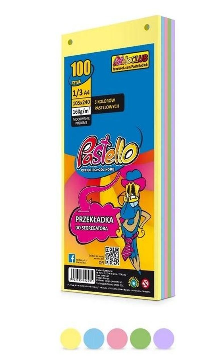 Alfa Pastello, przekładka do segregatora, 1/3 A4, 100 kartek, 5 kolorów