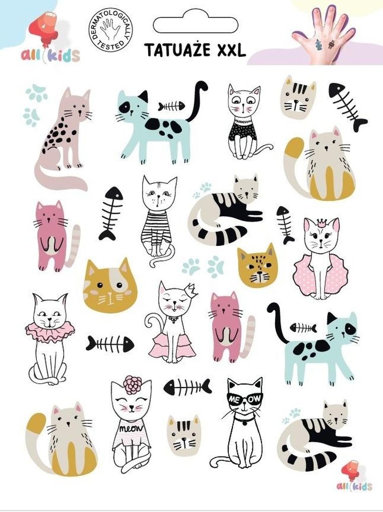 All4kids, kotki, tatuaże zmywalne, XXL