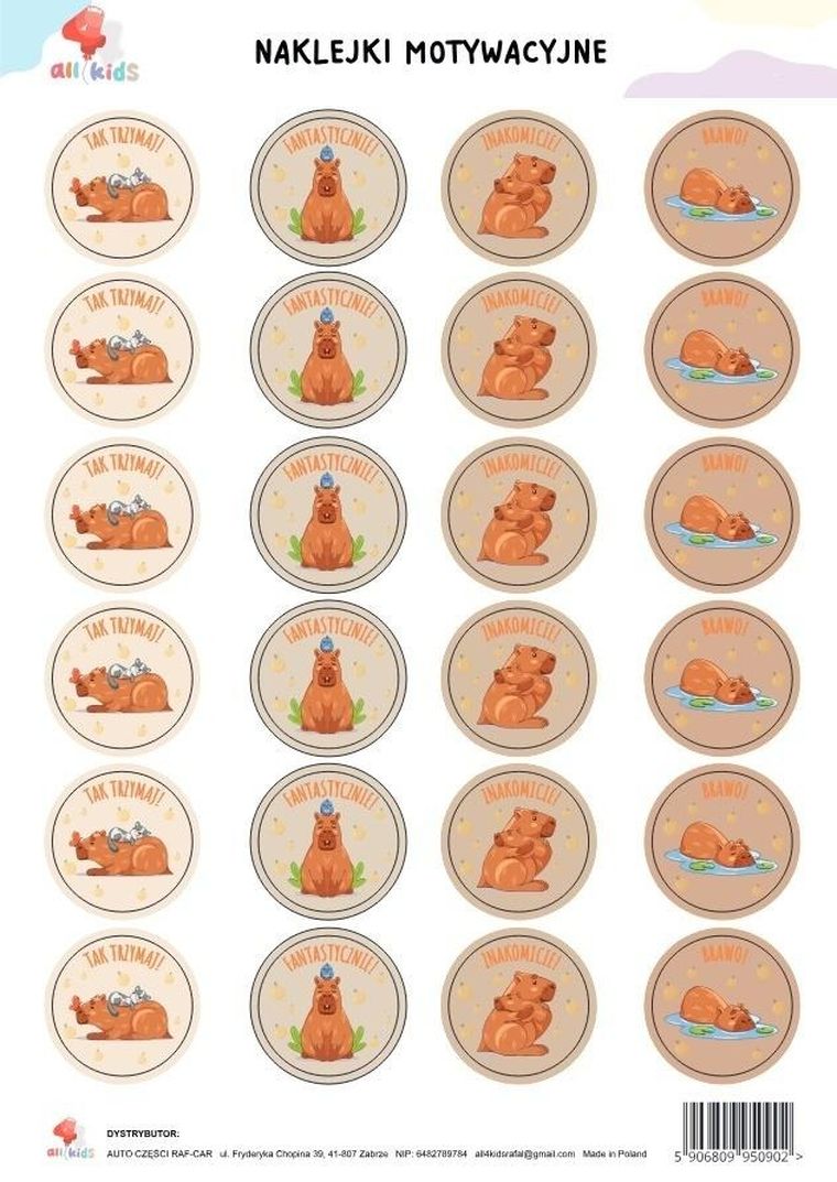 All4Kids, naklejki motywacyjne, A4, Kapibara motywiara