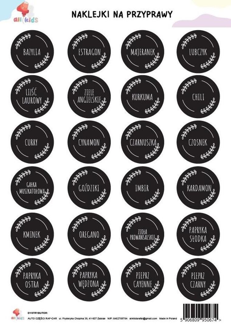 All4Kids, naklejki na przyprawy, czarne, A4