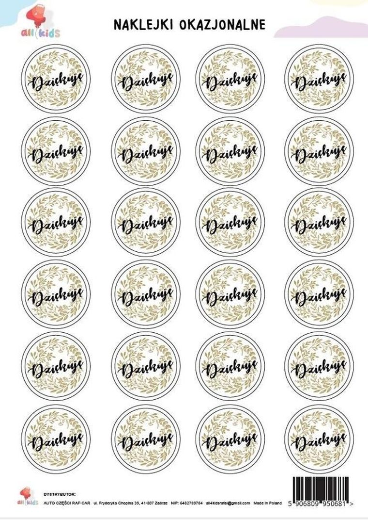 All4Kids, naklejki okrągłe, Dziękuję, A4