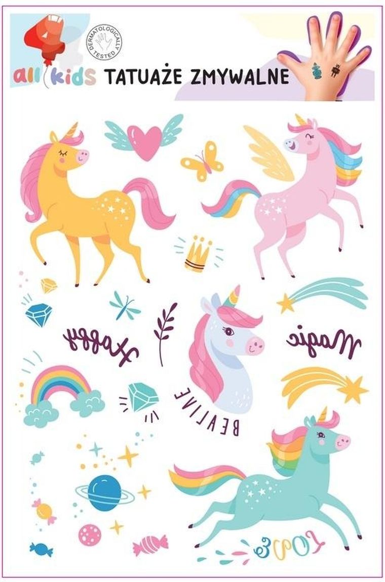 All4kids, tatuaże zmywalne dla dzieci, Tęczowe jednorożce