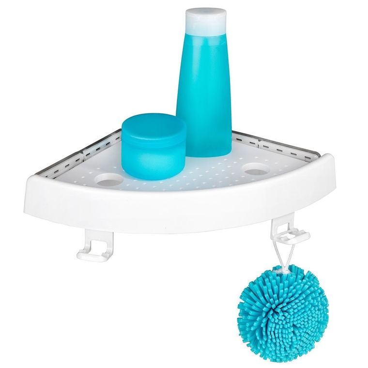 Allstar, prysznicowa półka narożna, biała, z haczykami