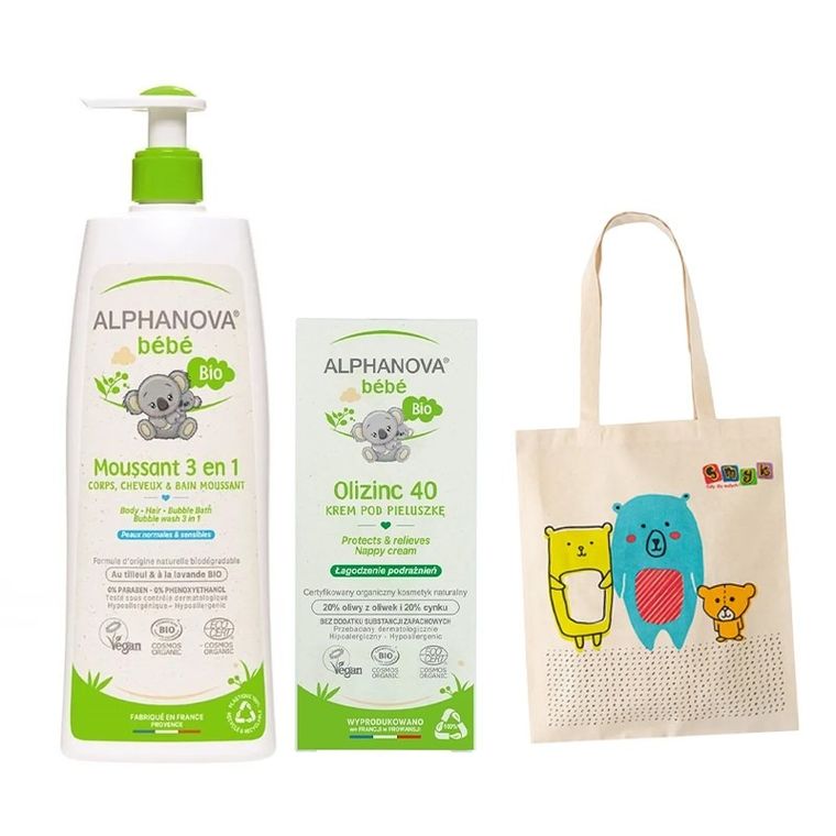 Alphanova Bebe, zestaw: płyn do kąpieli, 3w1, 500 ml + Olizinc, krem przeciw odparzeniom, 50g + torba