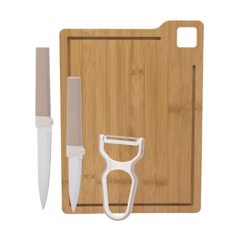 Altom Design, deska bambusowa, 24-33-1 cm + noże, 2 szt. + obierak, taupe