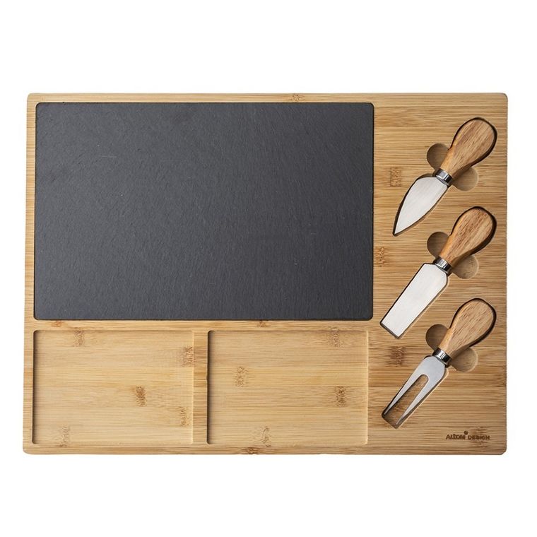 Altom Design, deska bambusowa do serwowania serów, 3 noże do sera, 40-30-2 cm