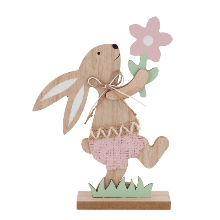Altom Design, figurka drewniana zając z kwiatkiem, 21-15-4 cm