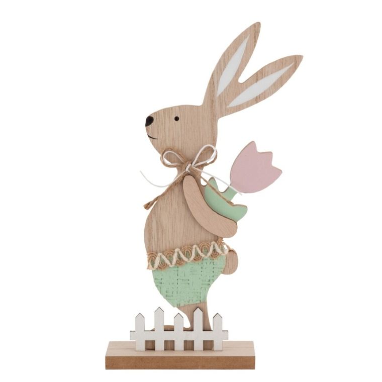 Altom Design, figurka drewniana zając z tulipanem, 23-10-4 cm