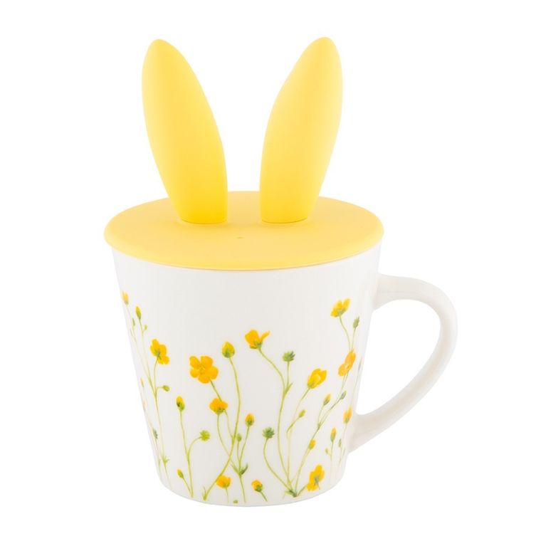 Altom Design, Kaczeńce, kubek stożek z pokrywą silikonową uszy zająca w opasce, nbc, 330 ml