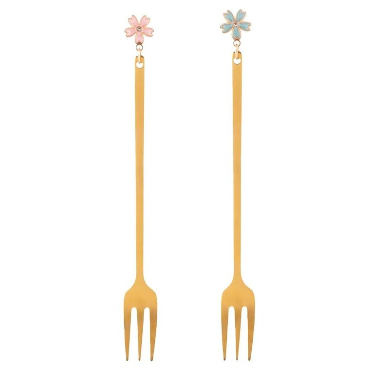 Altom Design, komplet 2 widelczyków do ciasta w odcieniu złota, z zawieszką kwiatek