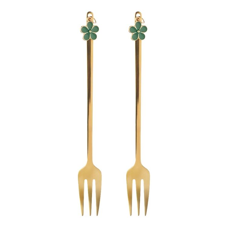 Altom Design, komplet 2 widelczyków do ciasta z ozdobną końcówką, zielony kwiatek w odcieniu złota, 13.5-1.5 cm