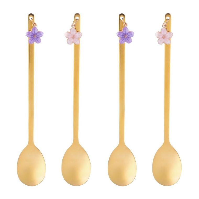 Altom Design, komplet 4 łyżeczek w odcieniu złota, z zawieszką kwiatek