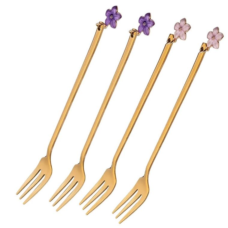 Altom Design, komplet 4 widelczyków do ciasta w odcieniu złota, z zawieszką kwiatek