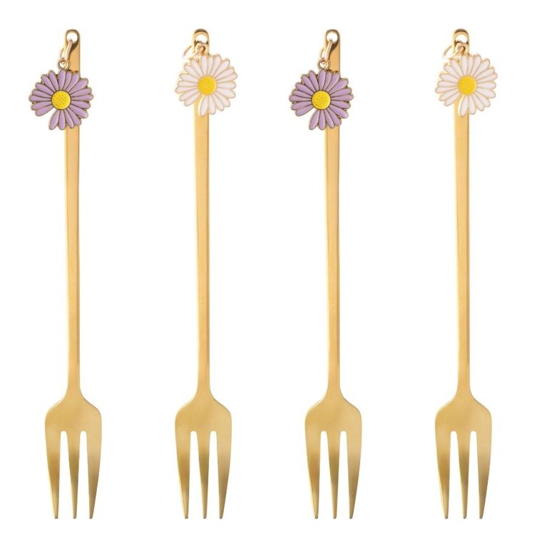 Altom Design, komplet 4 widelczyków do ciasta w odcieniu złota, z zawieszką kwiatek