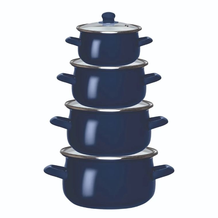 Altom Design, komplet garnków emaliowanych z pokrywami szklanymi, granatowe
