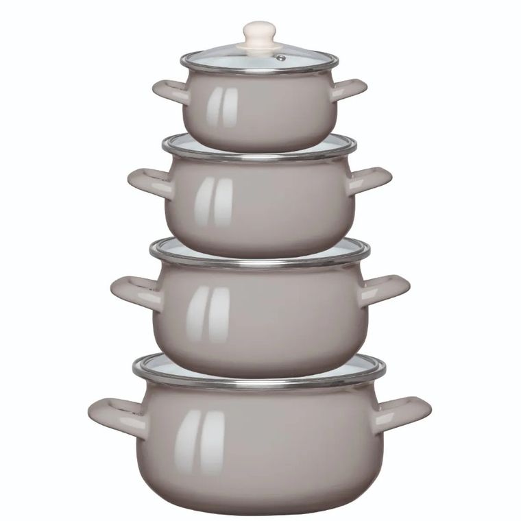 Altom Design, komplet garnków emaliowanych z pokrywami szklanymi, taupe