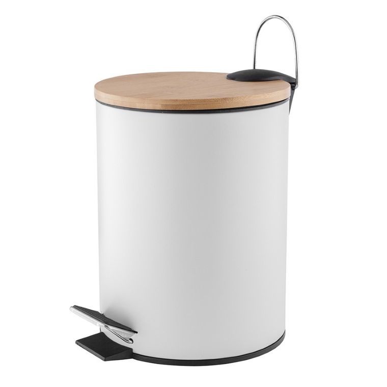 Altom Design, kosz łazienkowy z pokrywą bambusową i plastikowym wkładem, metalowy biały, 17-17-24 cm, 3l