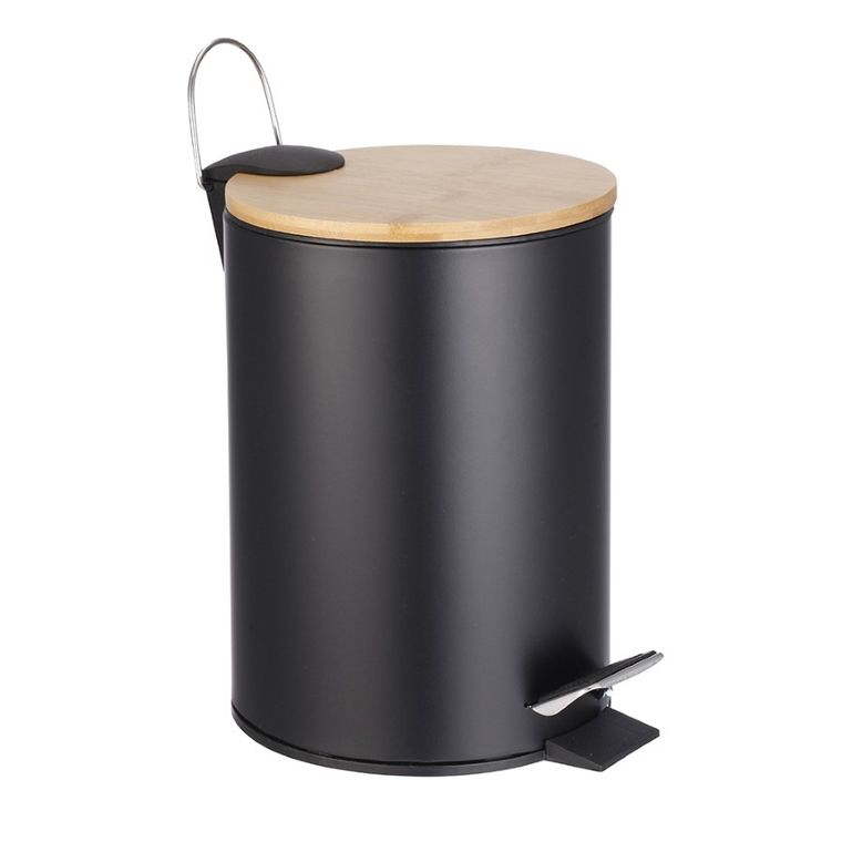 Altom Design, kosz łazienkowy z pokrywą bambusową i plastikowym wkładem, metalowy czarny, 17-17-24 cm, 3l