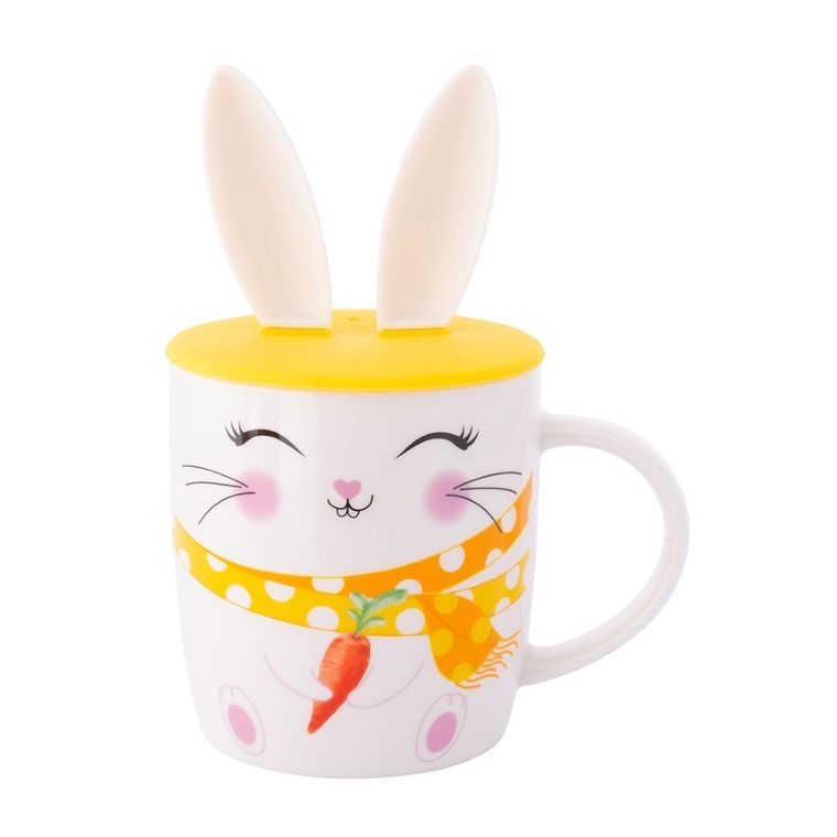 Altom Design, kubek baryłka z pokrywą silikonową uszy zająca, nbc, 400 ml, uśmiechnięty zajączek w opasce