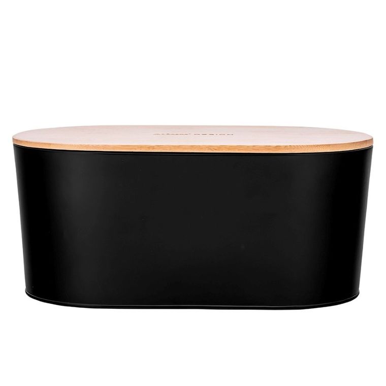 Altom Design, metalowy chlebak z pokrywą bambusową, czarny, 36-20-15 cm