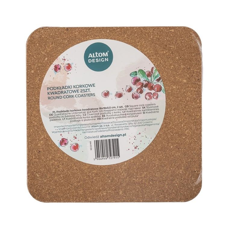 Altom Design, Spiżarnia pani domu, komplet 2 podkładek korkowych kwadratowych, 18-18-0.5 cm