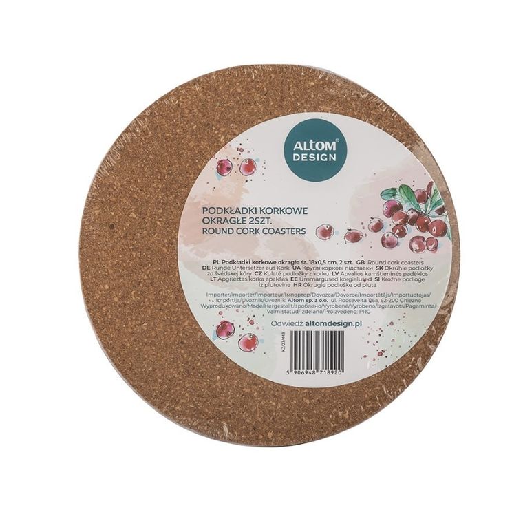 Altom Design, Spiżarnia pani domu, komplet 2 podkładek korkowych okrągłych, 18-0.5 cm