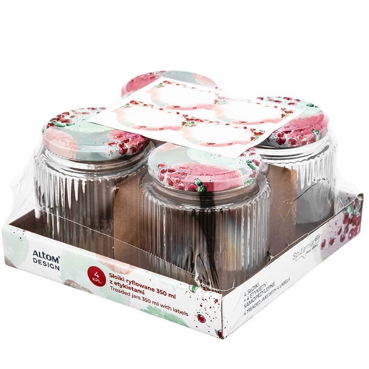 Altom Design, Spiżarnia pani domu, komplet 4 słoików, 350 ml, ryflowanych z 4 etykietami samoprzylepnymi